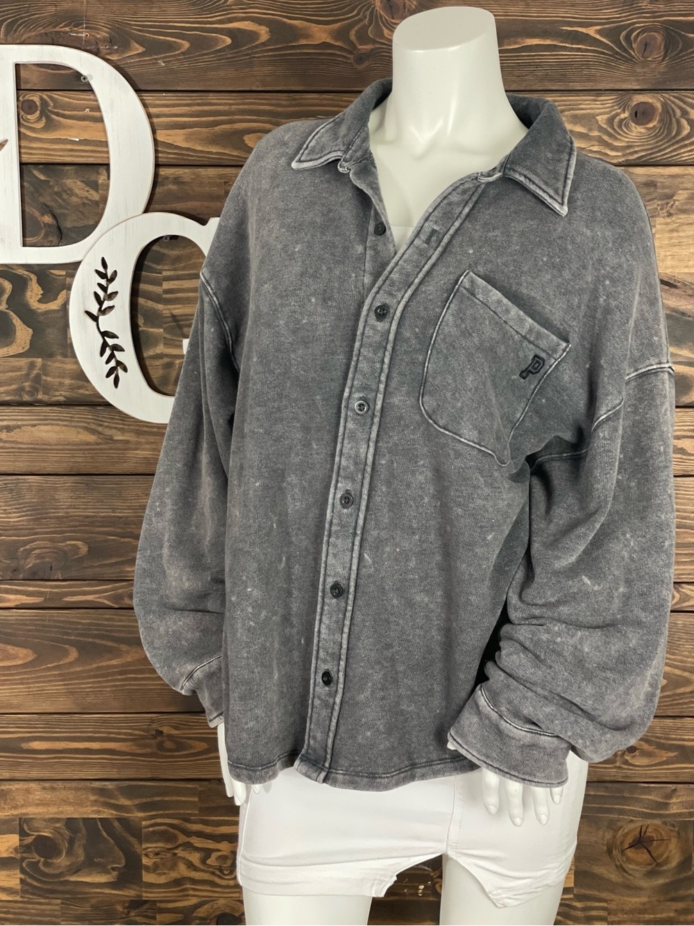 PINK VS | Oversized Fleece Button Up Shacket Acid Wash Charcoal Shirt Jacket